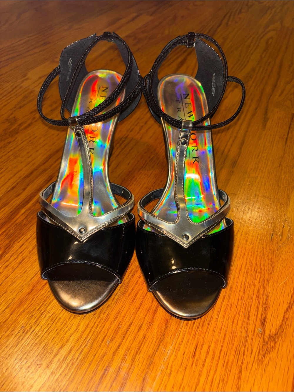 New York Transit Black Patent T-Strap Heels with Silver Accents